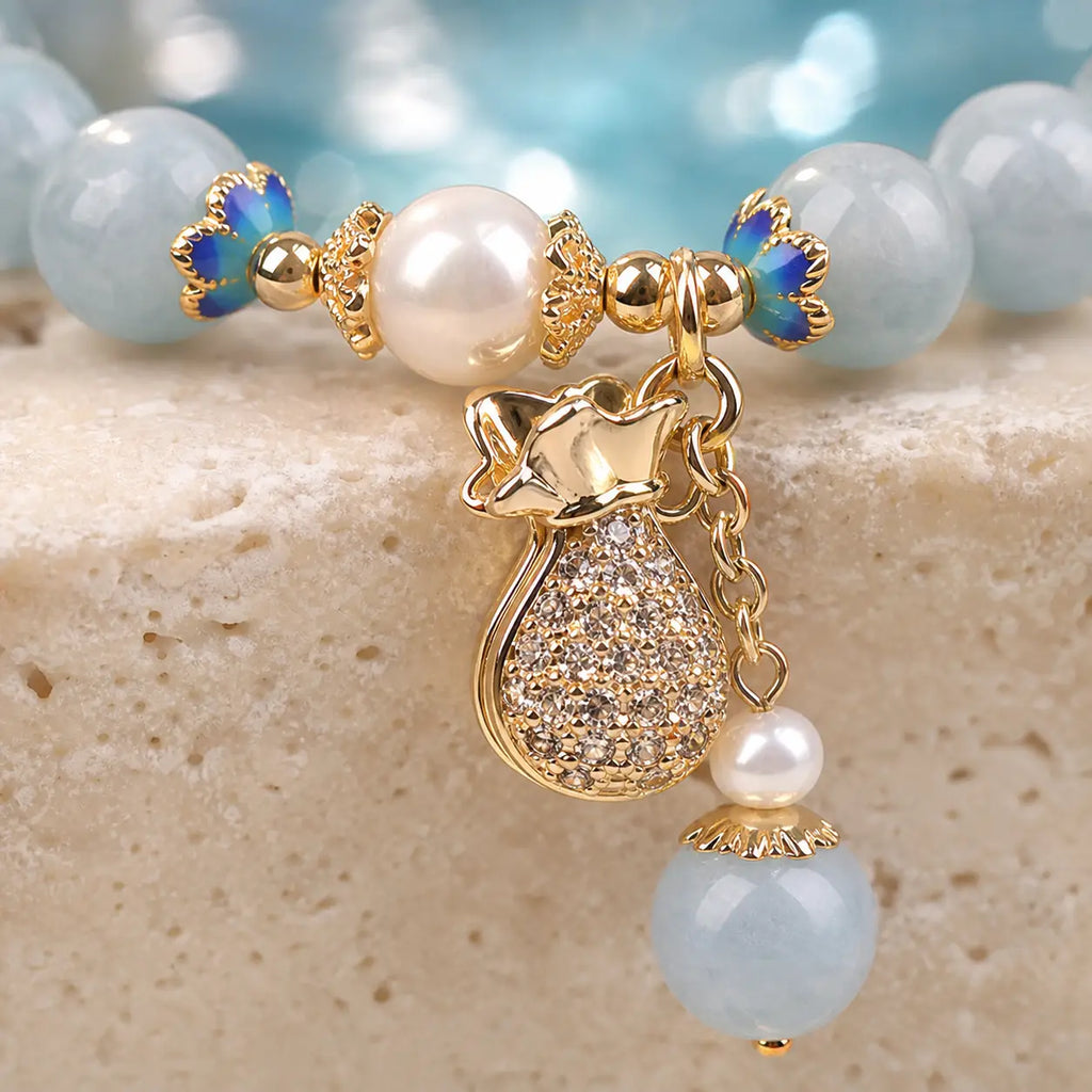 Song Yne Aquamarine Pearl Money Bag Fortune & Healing Bracelet