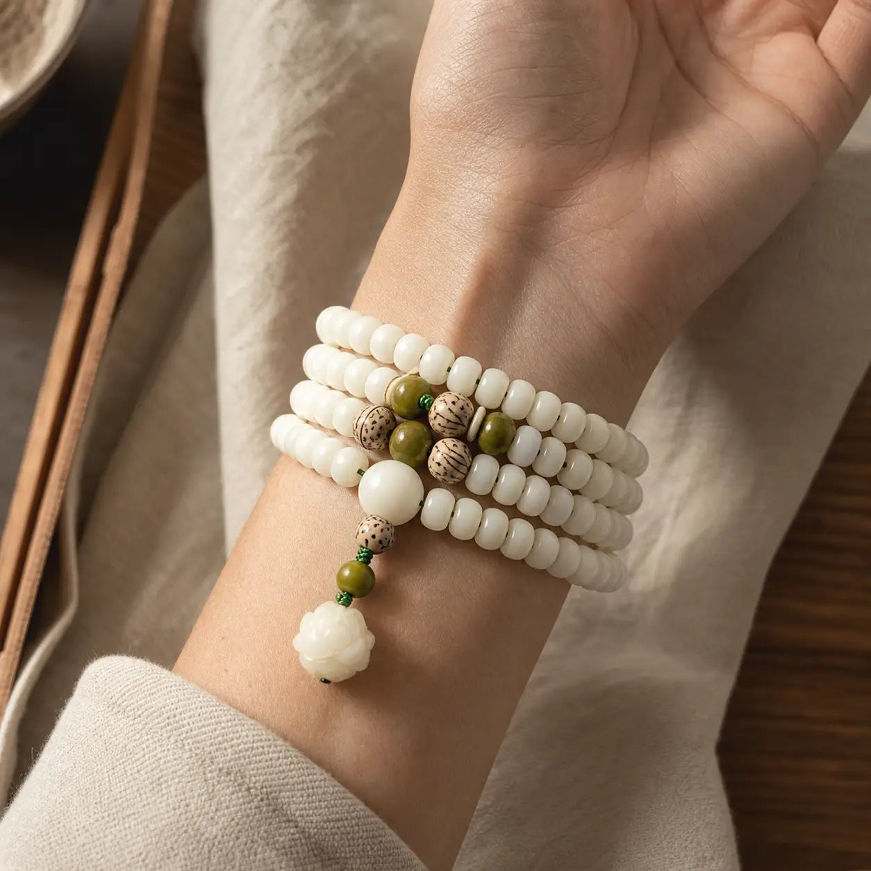 Song Yne 108 White Jade Bodhi Lotus 2-in-1 Mala Beads