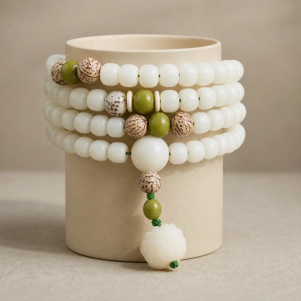 Song Yne 108 White Jade Bodhi Lotus 2-in-1 Mala Beads