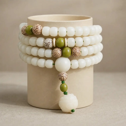 Song Yne 108 White Jade Bodhi Lotus 2-in-1 Mala Beads