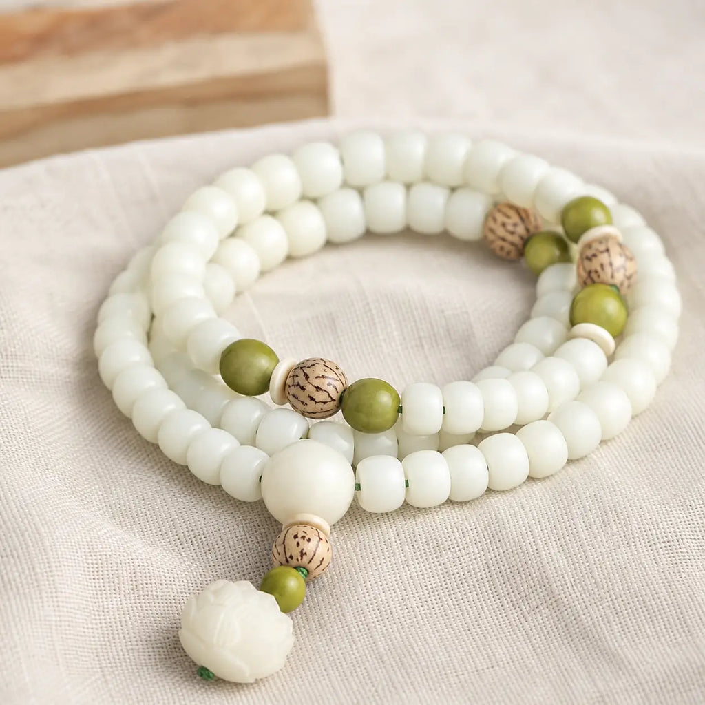 Song Yne 108 White Jade Bodhi Lotus 2-in-1 Mala Beads