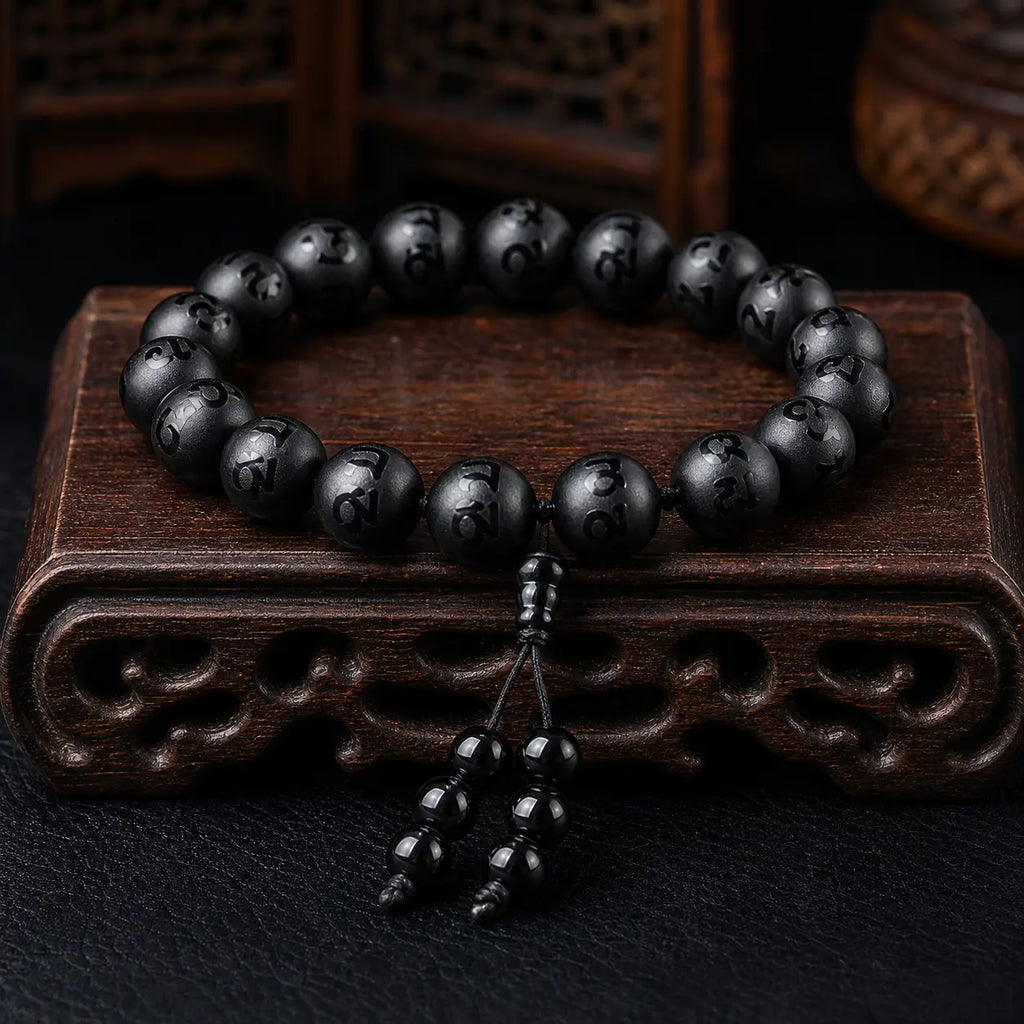 Song Yne White Crystal Black Onyx Om Mani Padme Hum Meditation Bracelet