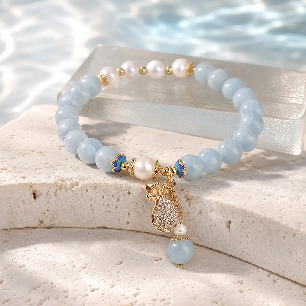 Song Yne Aquamarine Pearl Money Bag Fortune & Healing Bracelet