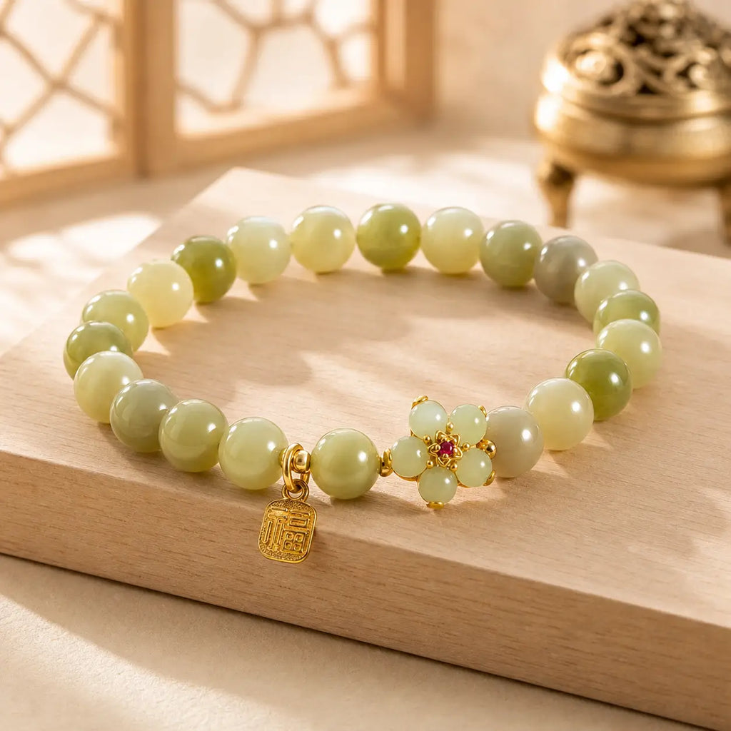 Song Yne Green Jade Flower Fu Luck & Prosperity Bracelet