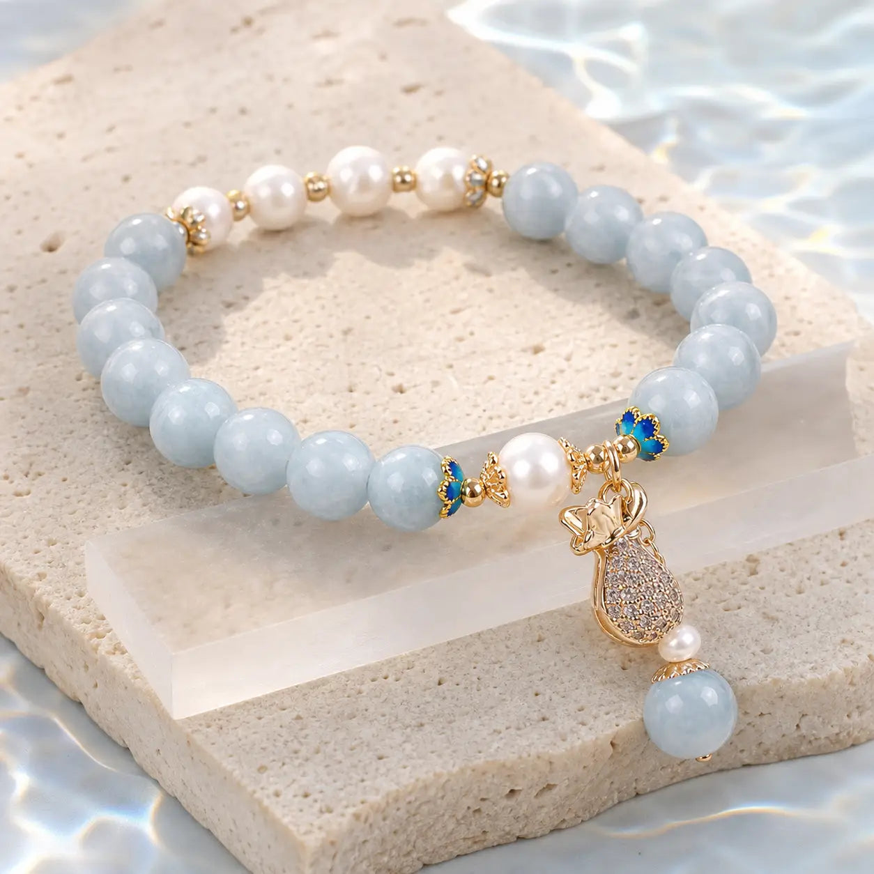 Song Yne Aquamarine Pearl Money Bag Fortune & Healing Bracelet