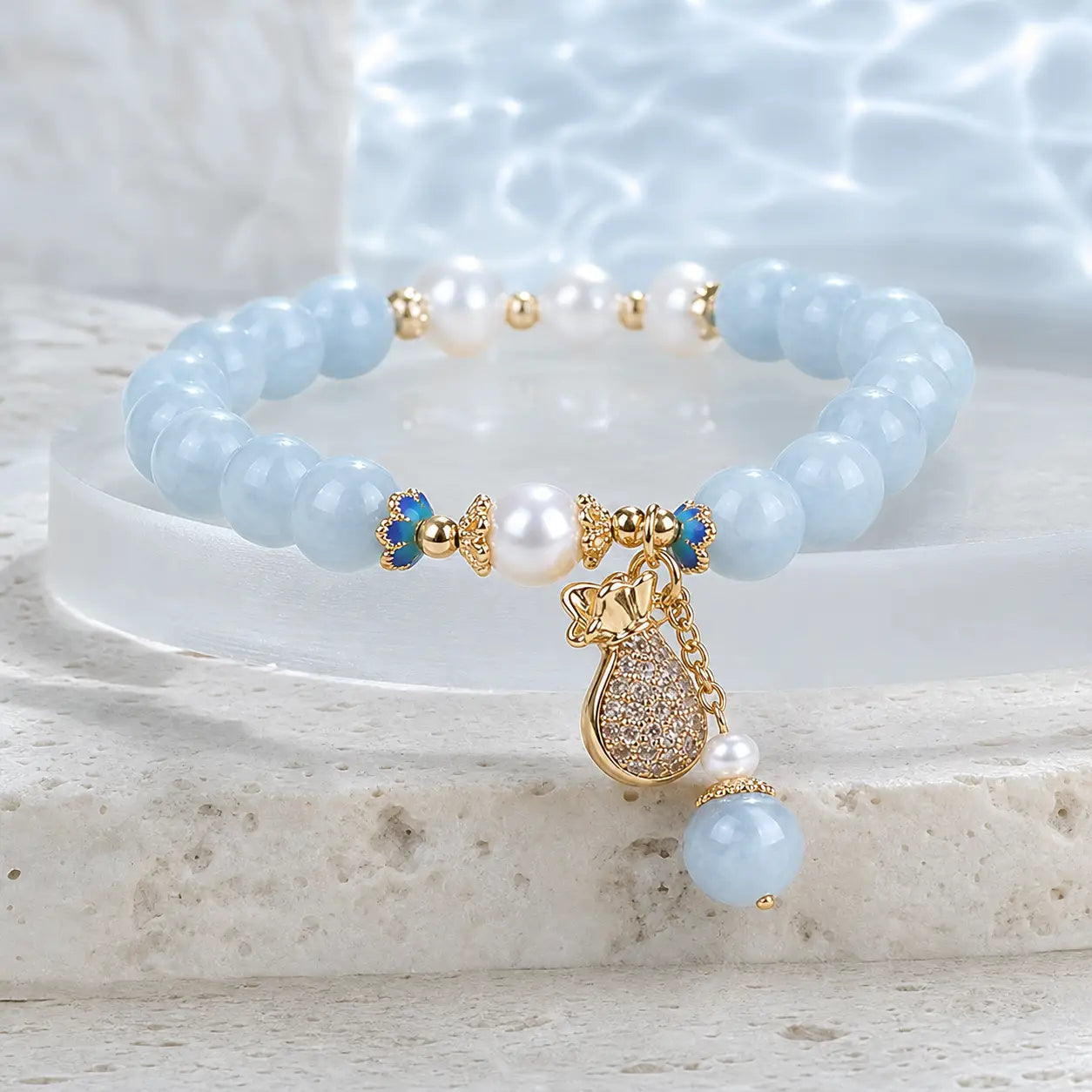 Song Yne Aquamarine Pearl Money Bag Fortune & Healing Bracelet
