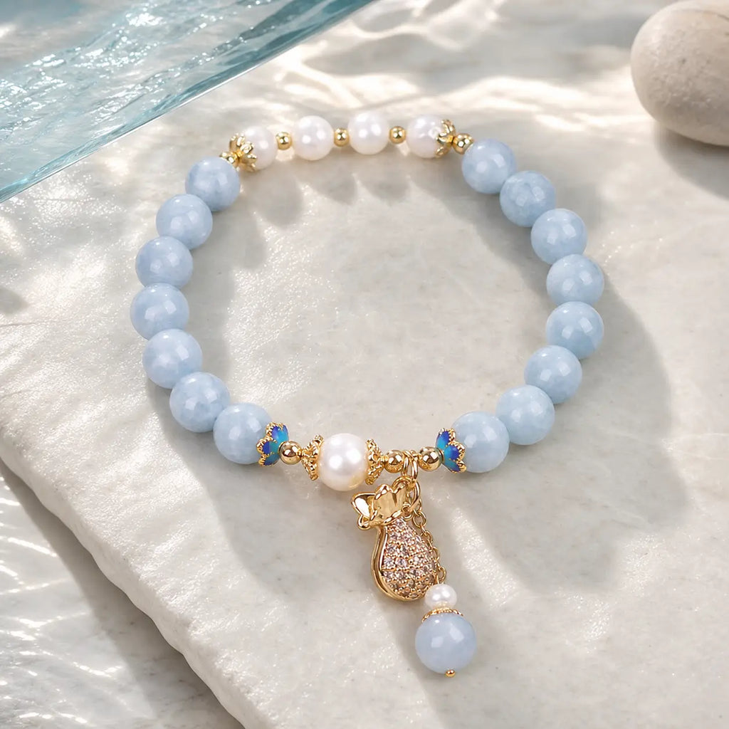 Song Yne Aquamarine Pearl Money Bag Fortune & Healing Bracelet