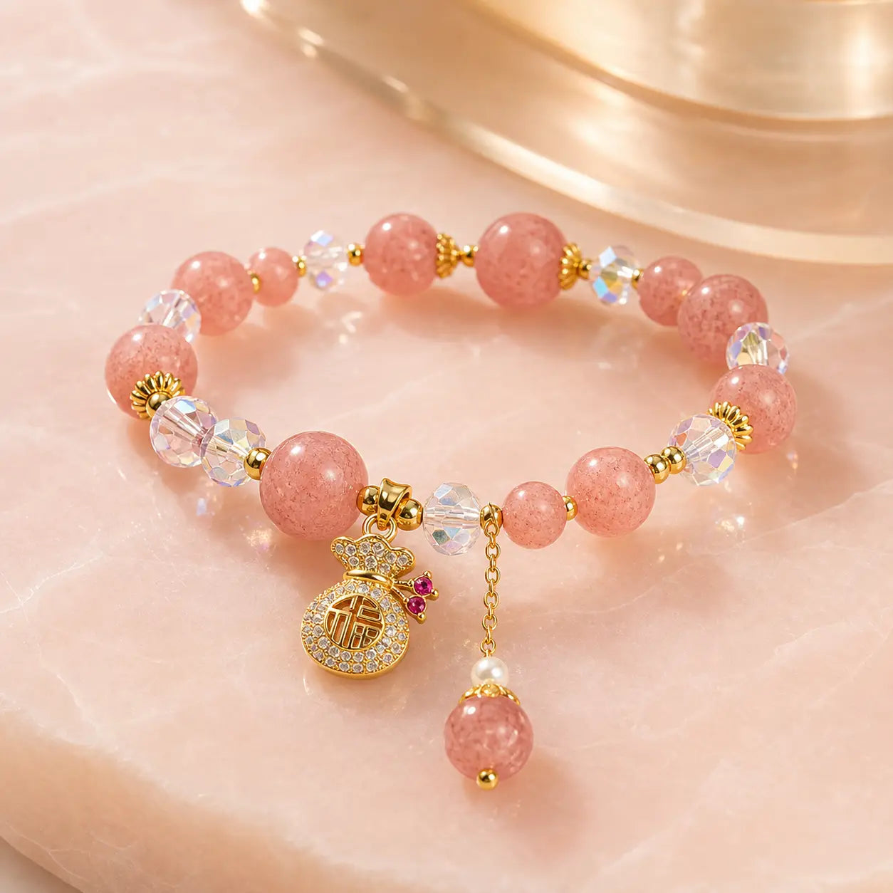 Song Yne Strawberry Quartz Money Bag Positive & Prosperity Bracelet