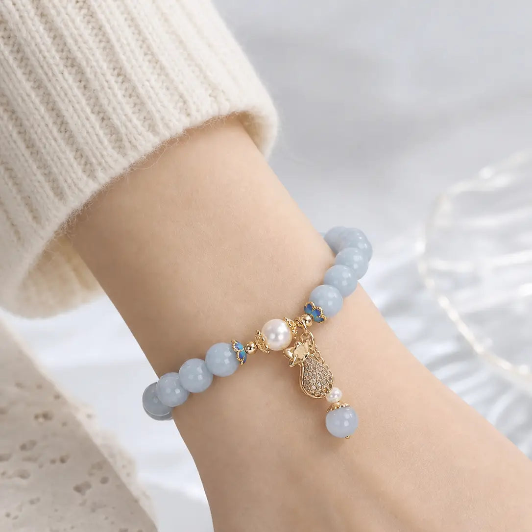 Song Yne Aquamarine Pearl Money Bag Fortune & Healing Bracelet