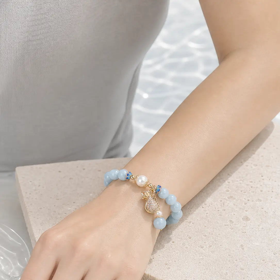 Song Yne Aquamarine Pearl Money Bag Fortune & Healing Bracelet