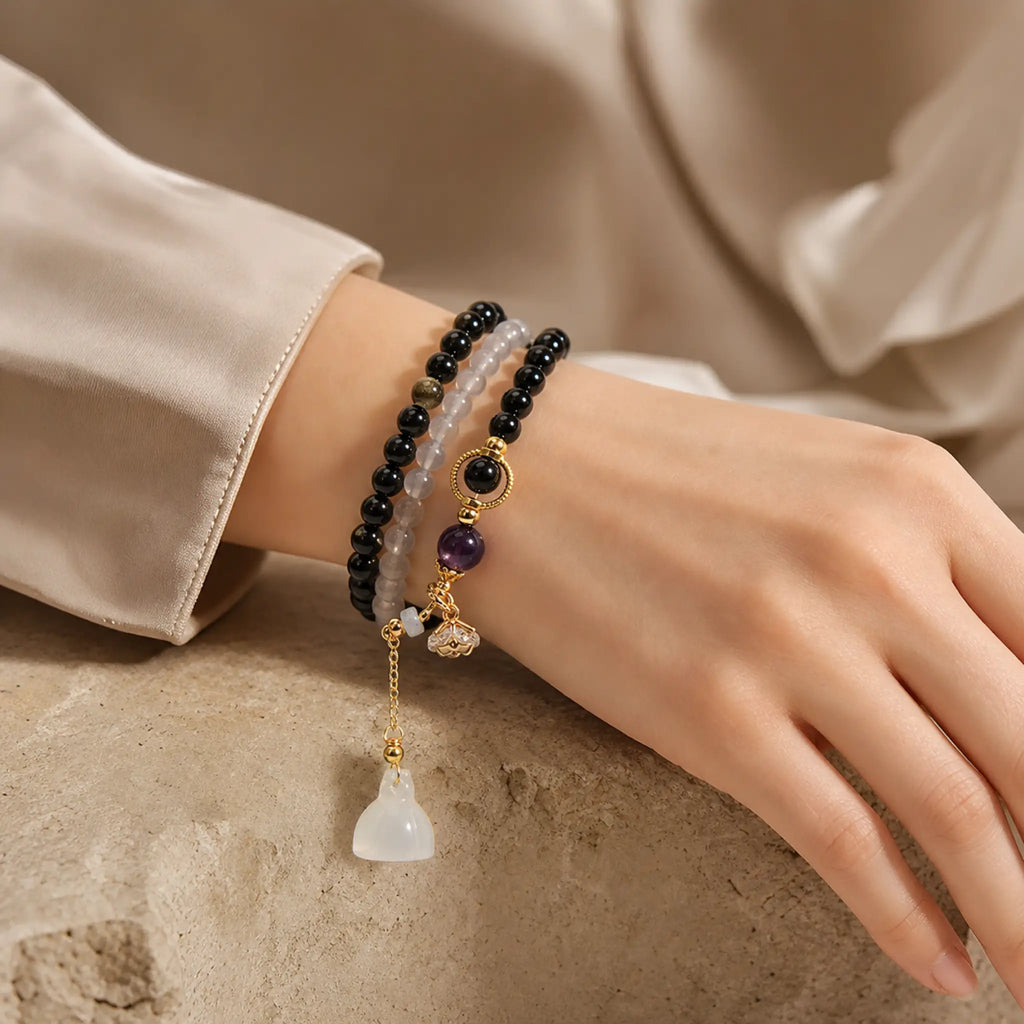 Song Yne Gold Sheen Obsidian Gray Agate Strength & Protection Bracelet