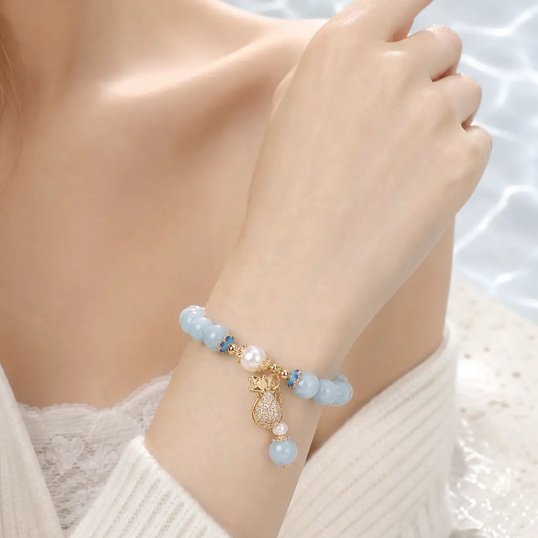 Song Yne Aquamarine Pearl Money Bag Fortune & Healing Bracelet