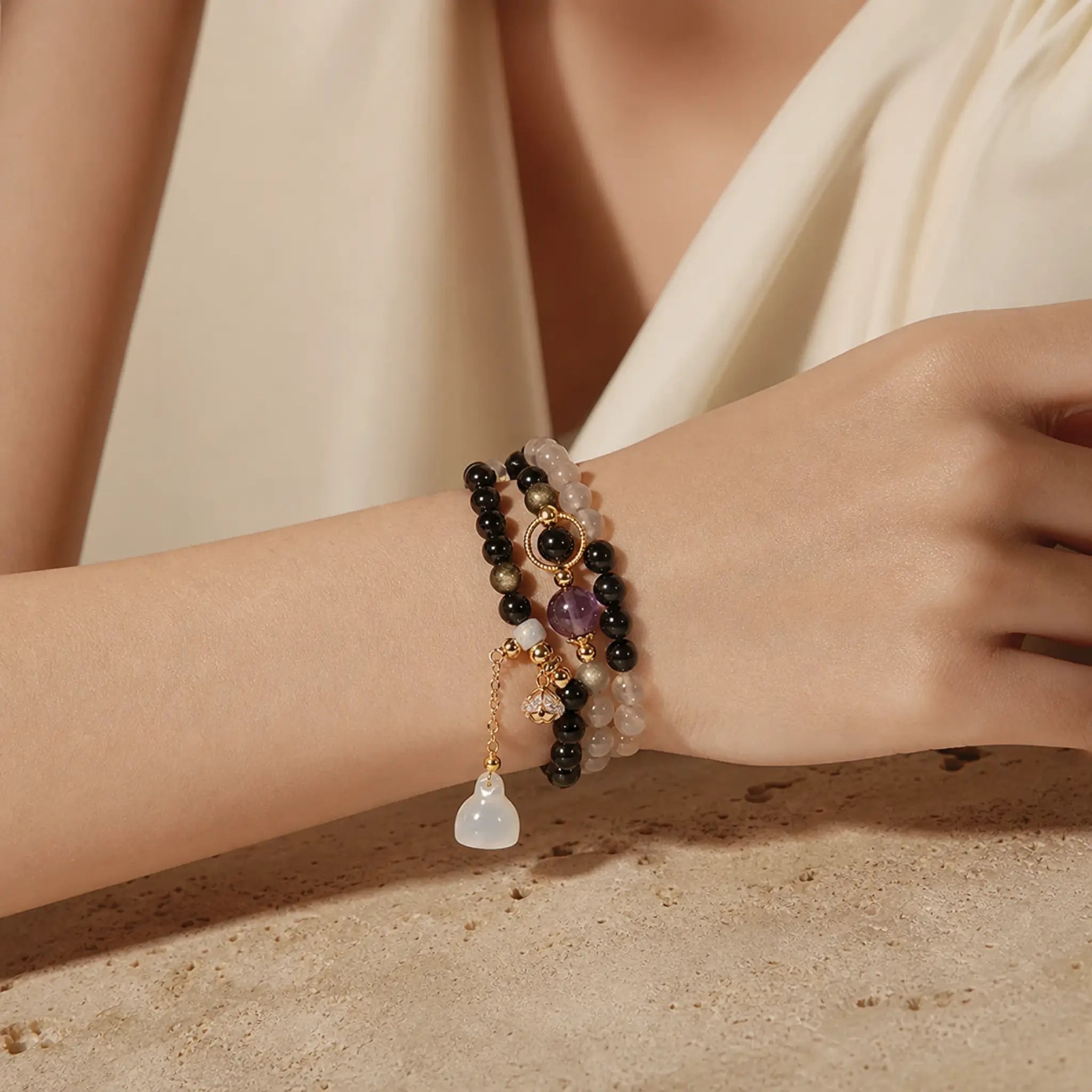 Song Yne Gold Sheen Obsidian Gray Agate Strength & Protection Bracelet