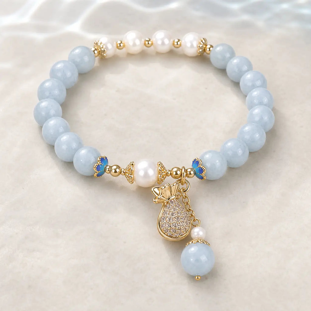 Song Yne Aquamarine Pearl Money Bag Fortune & Healing Bracelet
