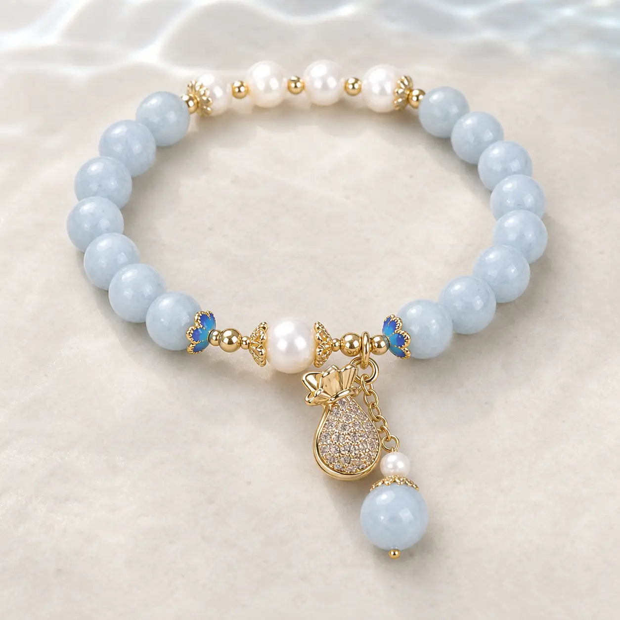 Song Yne Aquamarine Pearl Money Bag Fortune & Healing Bracelet