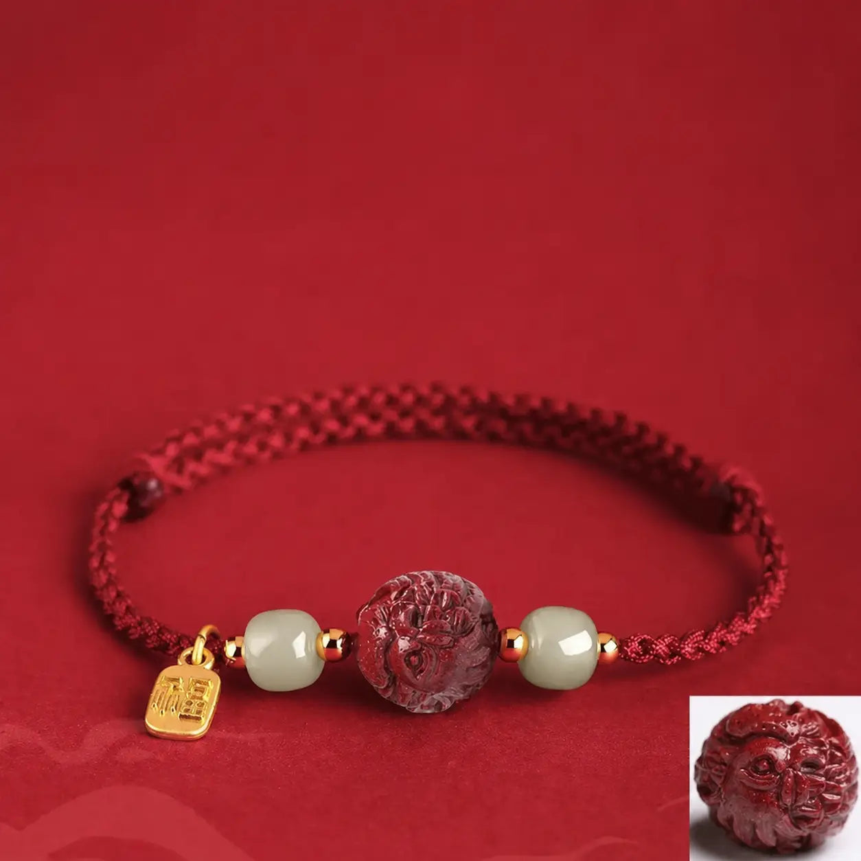 Song Yne Natural Cinnabar Chinese Zodiac Bracelet, Hetian Jade Fu Character Luck Rope Bracelet for Protection, Prosperity & Good Fortune