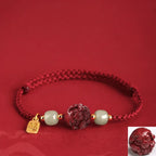 Song Yne Natural Cinnabar Chinese Zodiac Bracelet, Hetian Jade Fu Character Luck Rope Bracelet for Protection, Prosperity & Good Fortune