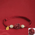 Song Yne Natural Cinnabar Chinese Zodiac Bracelet, Hetian Jade Fu Character Luck Rope Bracelet for Protection, Prosperity & Good Fortune